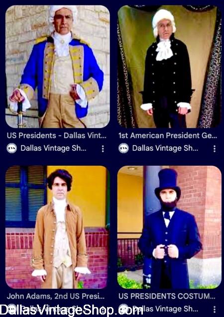 JULY 4TH 2026: Shown here are some of our America 250 Costumes, All USA Presidents & Patriots Outfits from Dallas Vintage Shop. JULY 4TH 2026: GET America 250 Costumes, All USA Presidents & Patriots Outfits from Dallas Vintage Shop.