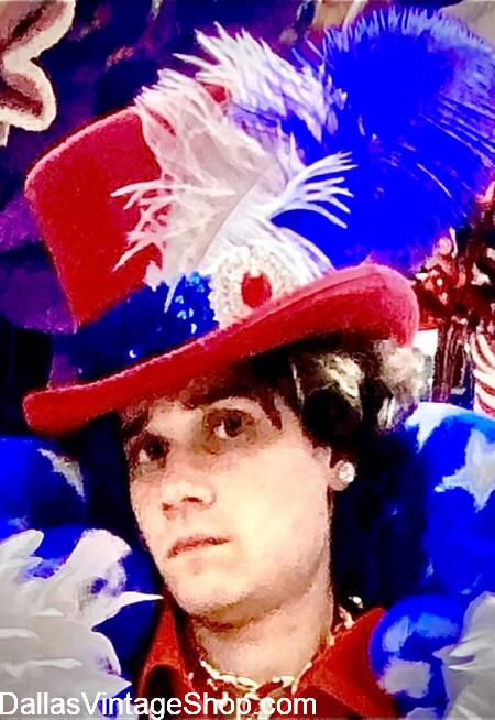 EXCEPTIONAL AMERICA 250 OUTFITS: Get this Pimp Daddy, Red Top Hat with Red, White, & Blue Feathers, Sequin Hat Band & Giant Broach at Dallas Vintage Shop.