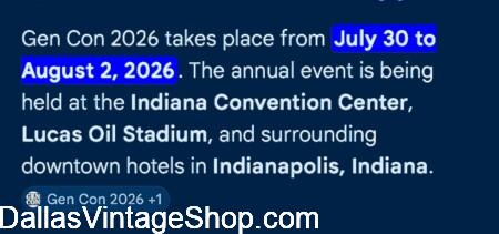WHEN & WHERE IS GEN CON 2026: July 30-Aug 2, Indiana Convention Center. Shown here is all the Details, Costume Rules & Best Costume Ideas from Dallas Vintage Shop. WHEN & WHERE IS GEN CON 2026: July 30-Aug 2, Indiana Convention Center. We have all the Details, Costume Rules & Best Costume Ideas at Dallas Vintage Shop.