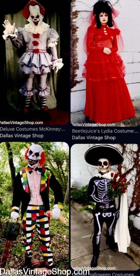 TEXAS HAUNTERS CON COSTUME POLICIES & Scary COSTUME Ideas like Lydia Beetlejuice, IT from Pennywise, Scary Clowns & Day of the Dead Outfits are at Dallas Vintage Shop.