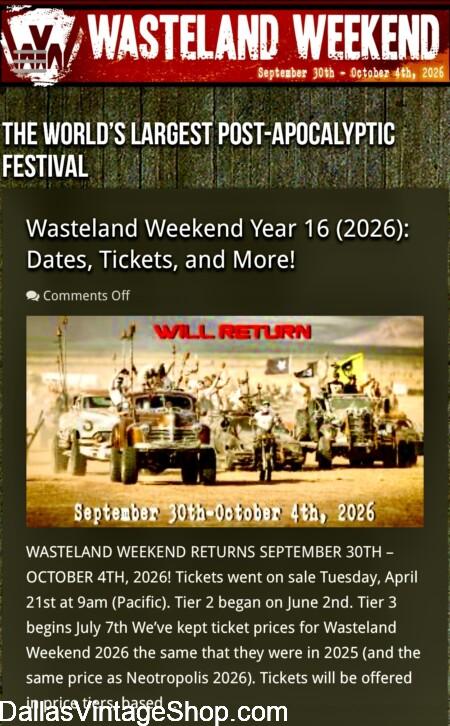 WASTELAND WEEKEND OUTFITS: 2026 POST-APOCALYPTIC HERE is the EVENT DETAILS. Get Wasteland Weekend Outfits & Gear at Dallas Vintage Shop. WASTELAND WEEKEND OUTFITS: 2026 POST-APOCALYPTIC Event Detail. Get Wasteland Weekend Outfits & Gear at Dallas Vintage Shop.