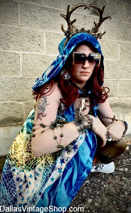 BURNING MAN 2026 OUTFITS: Shown here is an AXIS MUNDI, Guardian of "The Tree of Life," wearing a Flowing Hooded Celtic Cloak, Druid Antlers & Mystical Accoutrements from Dallas Vintage Shop. BURNING MAN 2026 OUTFITS: Get AXIS MUNDI, Guardian of "The Tree of Life," Flowing Hooded Celtic Cloak, Druid Antlers & Mystical Accoutrements from Dallas Vintage Shop.