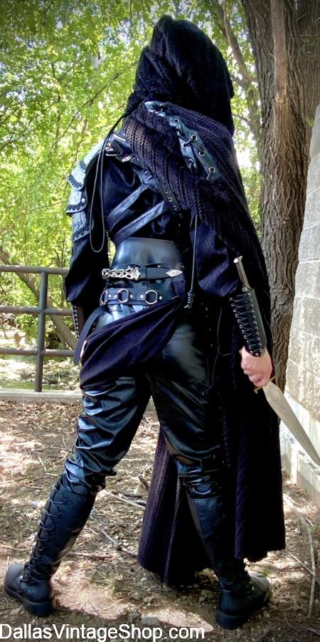 D&D SUPREME OUTFITS: BACK VIEW: Pictured here, is our Rogue, Spell-blade, Assassin Outfit with a Scottish Dirk, a Horizontal Back Dagger Frog, Leather Breeches, Boots, Several Concealed Blades & Lace-up Bracers.These items are always in stock at Dallas Vintage Shop. D&D SUPREME OUTFITS: BACK VIEW: This Rogue Spell-blade Assassin Outfit with Scottish Dirk, Horizontal Back Dagger Frog, Leather Breeches, Boots, Blades & Bracers is always in stock at Dallas Vintage Shop.
