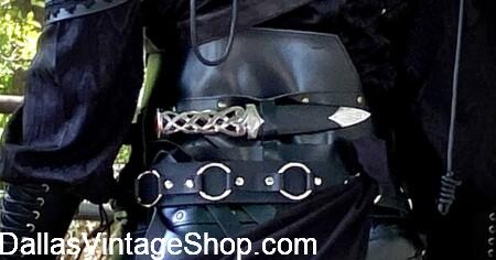 D&D COSPLAY: Get Quality Assassin Outfits & Gear, Sword Belts, Hidden Back Horizontal Dagger Frog, Daggers, Wrist Bracers & more at Dallas Vintage Shop.