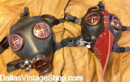 WASTELAND WEEKEND GARB & GEAR: Shown here are Dystopian Custom Machined Gas Masks, Futuristic Mad Max Movie Style Face Masks, & Fantasy Steampunk Gear for Wasteland Festivals & Activities from Dallas Vintage Shop. WASTELAND WEEKEND GARB & GEAR: Shown here are Dystopian Custom Machined Gas Masks, Futuristic Mad Max Movie Style Face Masks, & Fantasy Steampunk Gear for Wasteland Festivals & Activities from Dallas Vintage Shop.