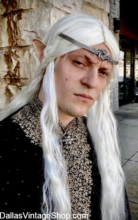 D&D TTRPG COSTUMES & GEAR: Show here is some of our Wood Elf, Noble Elf, Ranger & Fighter Elf Wigs, Ears, Circlets & Robes. We have Unlimited D&D Garb & Gear at Dallas Vintage Shop.