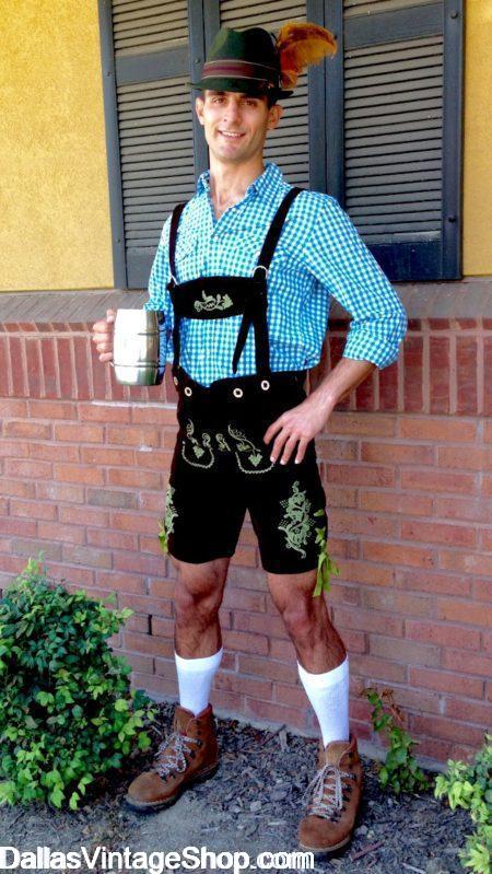  VARIETY OF LEDERHOSEN: Get Belted or with Suspenders, Different Colors & Shades of Leather & Suede, Shirts, Hats & Accessories from Dallas Vintage Shop.