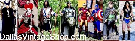 TRF THEMED WEEKENDS 2026 GUIDE: HEROES & VILLAINS: Nov 7 (Sat) - 8 (Sun) EVENT INFO, DETAILS. CLICK TO SEE: Begin The Quest. Get Unlimited Hero & Villain Outfits, Maleficent, Prince Charming, Robin Hood, Iron Man, Captain America, Queen of Hearts, Wonder Woman, Braveheart Outfits, shown here and many more are at Dallas Vintage Shop