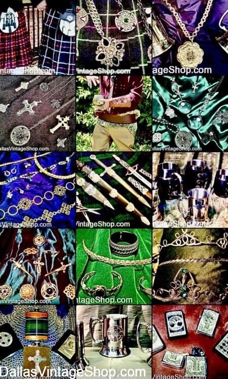 CELTIC COSTUMES & EMBELLISHMENTS:We have Kilts, Sporrans, & all the Accoutrements. Get Accessories like Celtic Amulets, Tankards & Drinking Horns, Dirks, Daggers, Brooches, Circlets, & Unlimited Celtic Knot Jewelry at Dallas Vintage Shop.