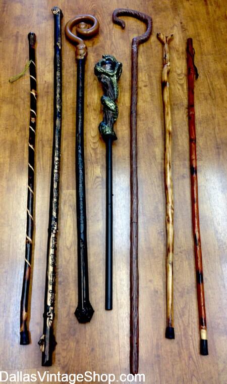 CELTIC FESTIVAL GEAR: Shown here are a few or our Bachalls, Staffs, Rods & Walking Sticks for Wizards, Seers, Celtics, Druids, Fairy Tale Characters from Dallas Vintage Shop.