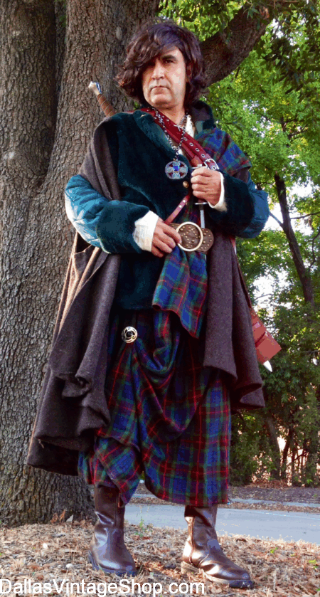 CELTIC COSTUMES FOR HISTORICAL & MYTHICAL CHARACTERS: Get Complete Outfits for Jamie Fraser MacKenzie, William Wallace, Boudicca, King Arthur, Rob Roy MacGregor, Diviciaco & Merlin at Dallas Vintage Shop.